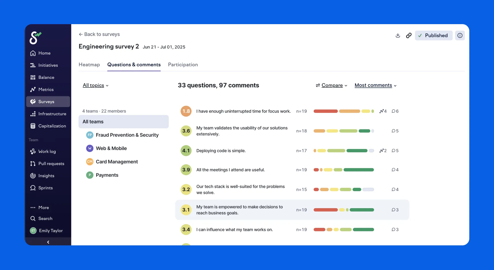 Swarmia surveys capture qualitative and quantitative data on developer sentiment. Swarmia surveys capture qualitative and quantitative data on developer sentiment.