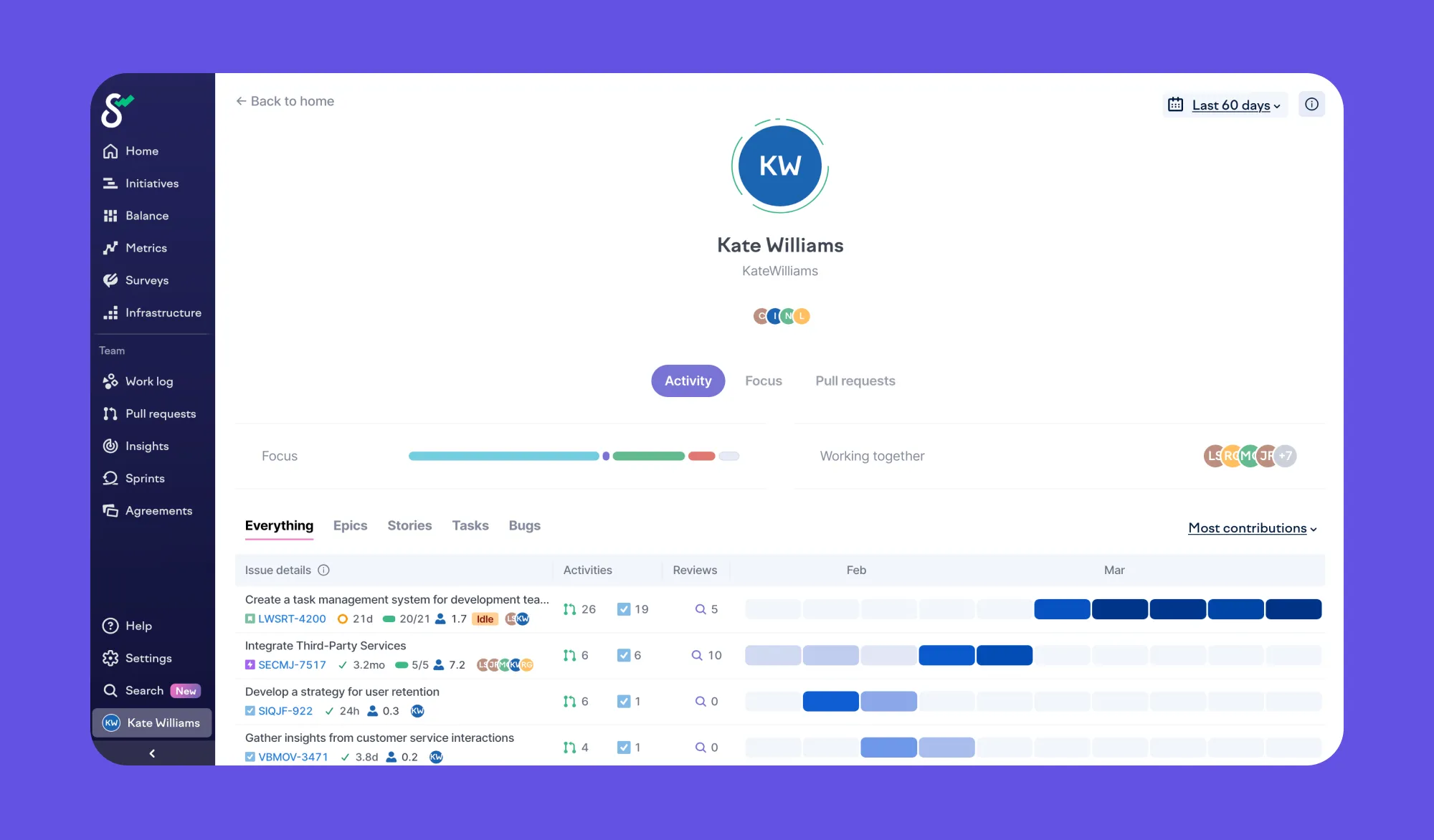 While Swarmia has a view for coaching developers, we never reduce your work to a single number. The product focuses on helping teams get better. While Swarmia has a view for coaching developers, we never reduce your work to a single number. The product focuses on helping teams get better.