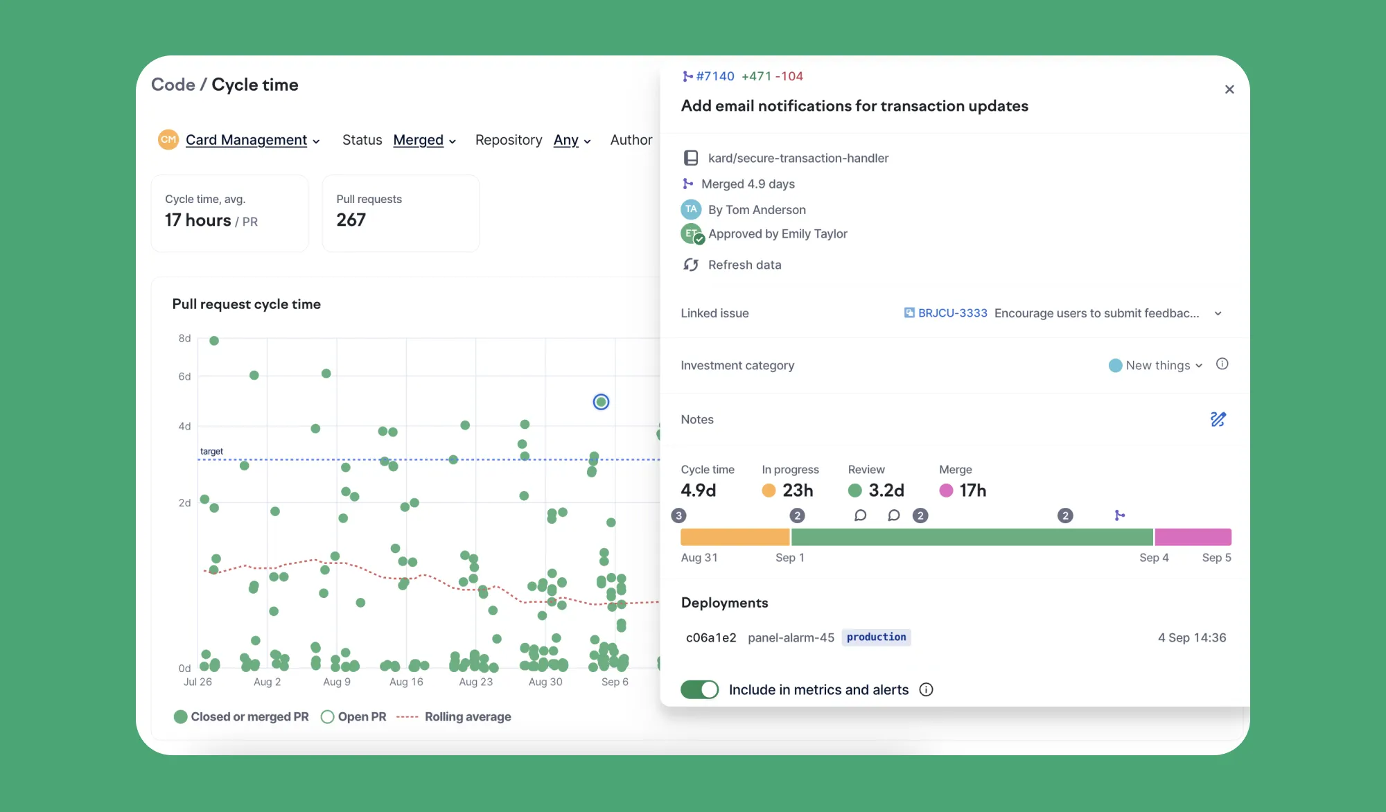 In Swarmia, you can drill down into any data point to look at the activity behind the numbers.