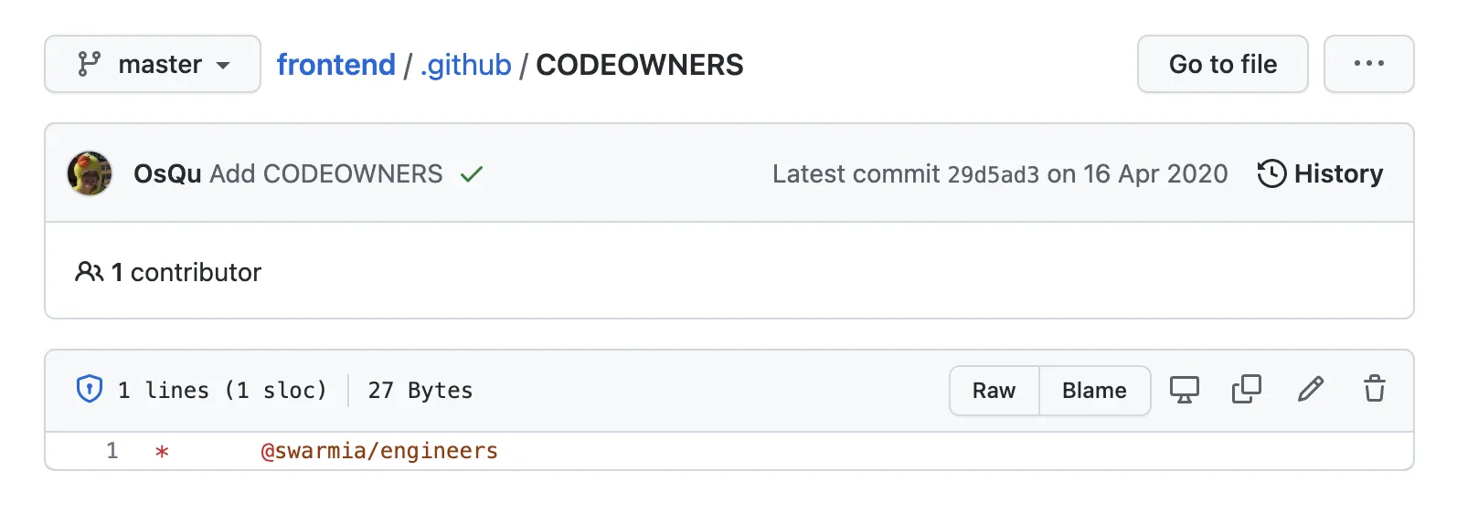 Example of a CODEOWNERS file from Swarmia’s frontend repository telling GitHub to notify @swarmia/engineers team whenever a new PR is opened Example of a CODEOWNERS file from Swarmia’s frontend repository telling GitHub to notify @swarmia/engineers team whenever a new PR is opened