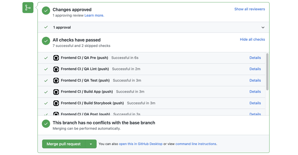 GitHub pull request checks for Swarmia's frontend repository