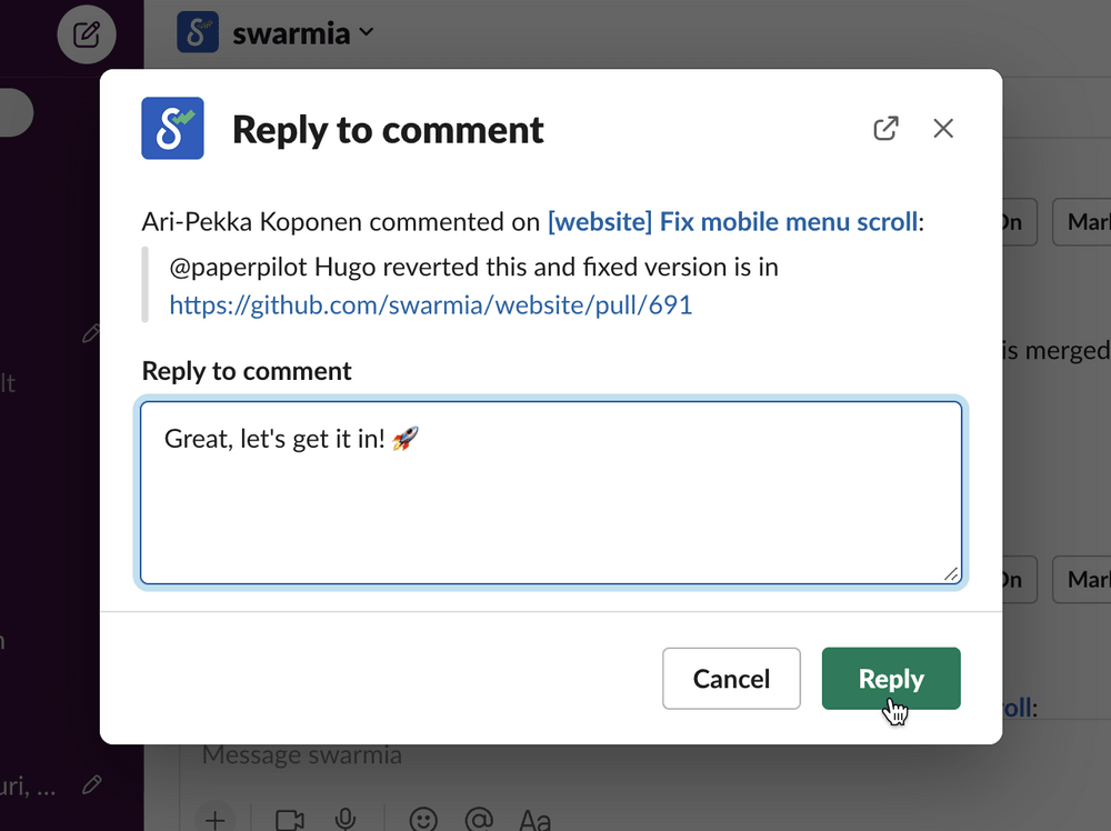 Replying to GitHub comments in Slack