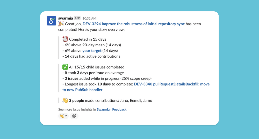 Swarmia’s issue completion notification in Slack