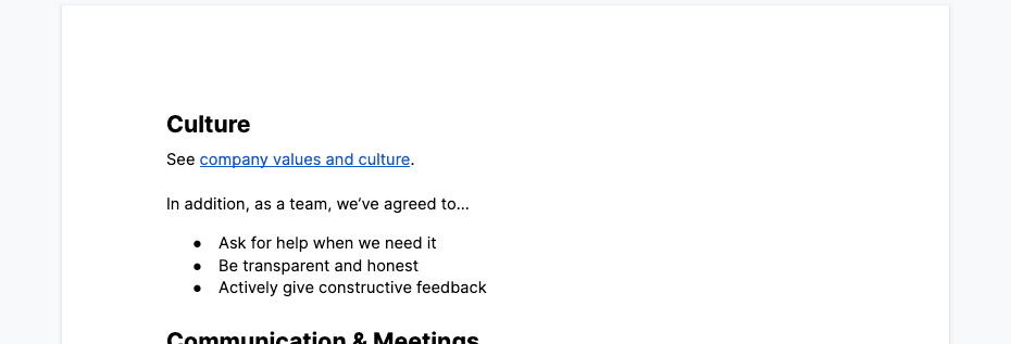 Culture section from a working agreement of a product team
